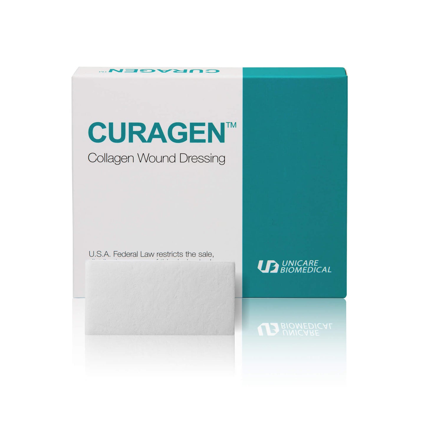Collagen wound dressing with 1 sheet in front of packaging.